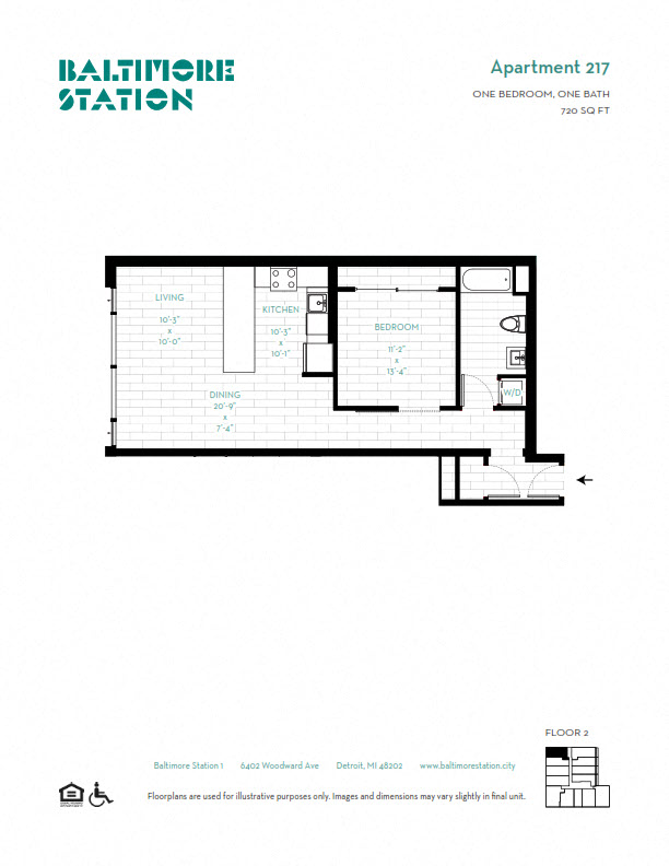 Floor plan for 1 bed, 1 bath, 720 sqft